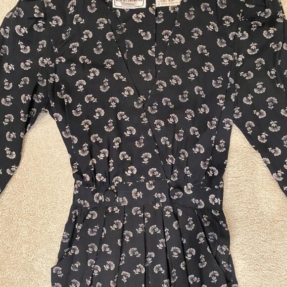 Vintage 80s Karin Stevens Dress Petite 6P Black Floral Puff Sleeve Dress - Picture 2 of 10